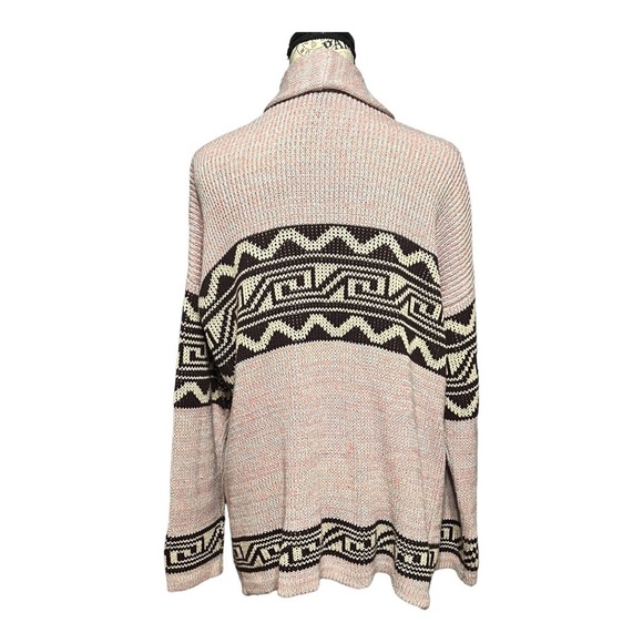 Ecote Cardigan Pink Brown Open Front Geo Print Shawl Collar Grandpa Sweater - Picture 5 of 9